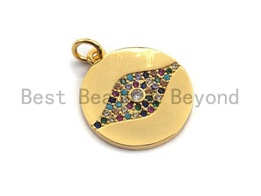 CZ Colorful Micro Pave Round Gold With Evil Eye Pendant, Coin Shaped Pave Pendant, Gold plated,18x20mm, Sku#F868