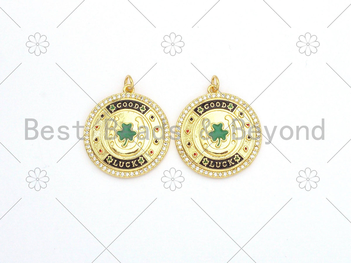 CZ Micro Pave Green Enamel Leaf  On Round Medallion Shape Pendant,18K Gold Filled Good Luck Charm, Necklace Bracelet Charm,25x28mm,Sku#LK380