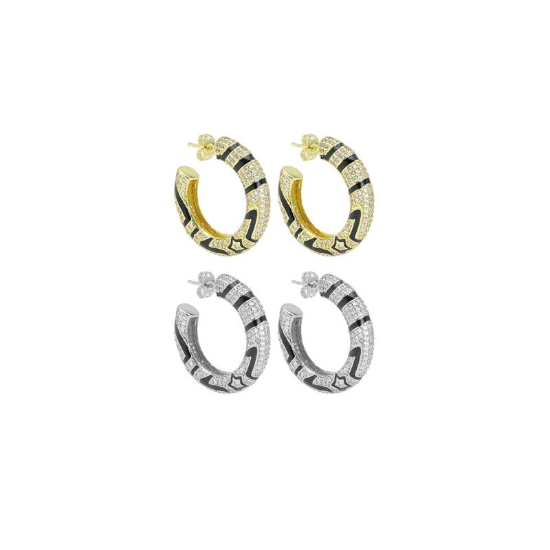 Gold Silver Black Enamel Print Hoop Earrings, Sku#A367