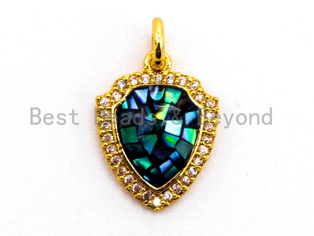 CZ Micro Pave Shield Shape Pendant with Abalone Shell, Cubic Zirconia CZ space Pendant,12x15mm,SKU#F416