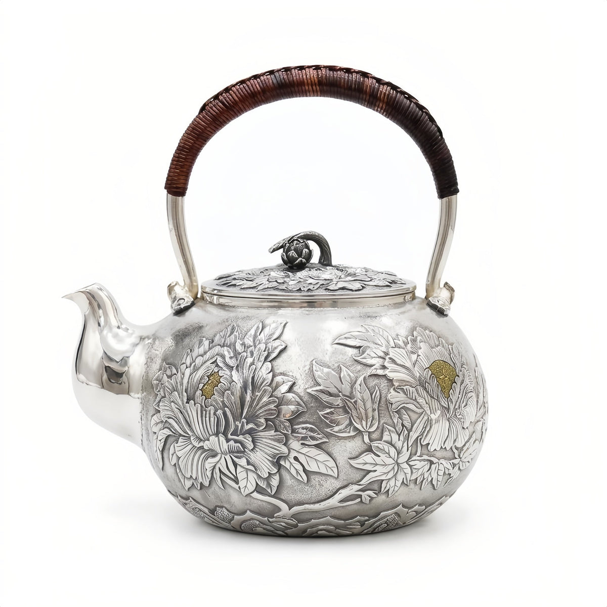 Pure 999 Fine Silver Elegant Silver Teapot with Intricate Peony Engravings and Traditional Woven Handle - Handicraft