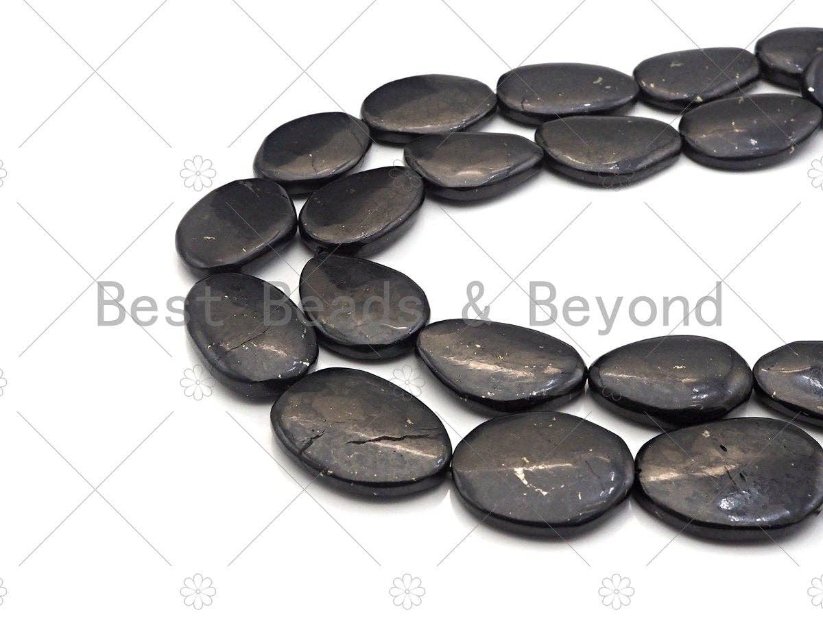 Top Quality Oval Shape Shungite, Smooth Flat Shungite, Healing Energy, Genuine Shungite Beads 30x40mm, 15.5" Full Strand, Sku#U986