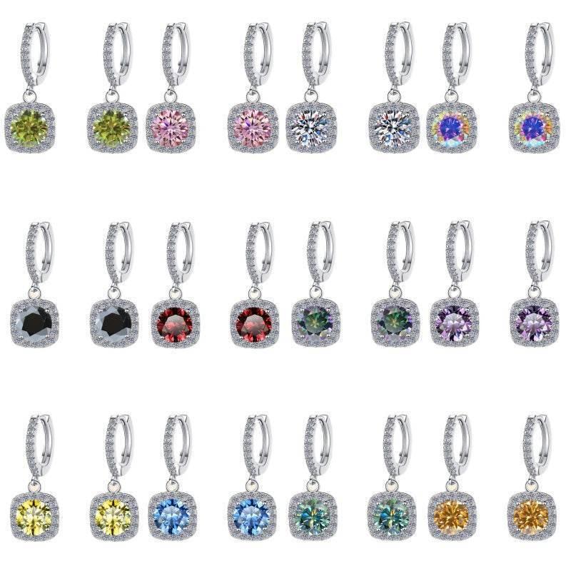 S925 Rainbow Green Moissanite Square Halo Earrings with Pavé-Set Halo & Hoop, 1ct D-Grade VVS1 Round Moissanite with GAR certification