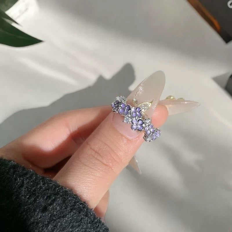 Sweet Cool Purple Flower Ring For Women, Ins Style, Niche Design, Elegant & Light Luxury, Adjustable Opening Band, Personalized Index Finger Ring