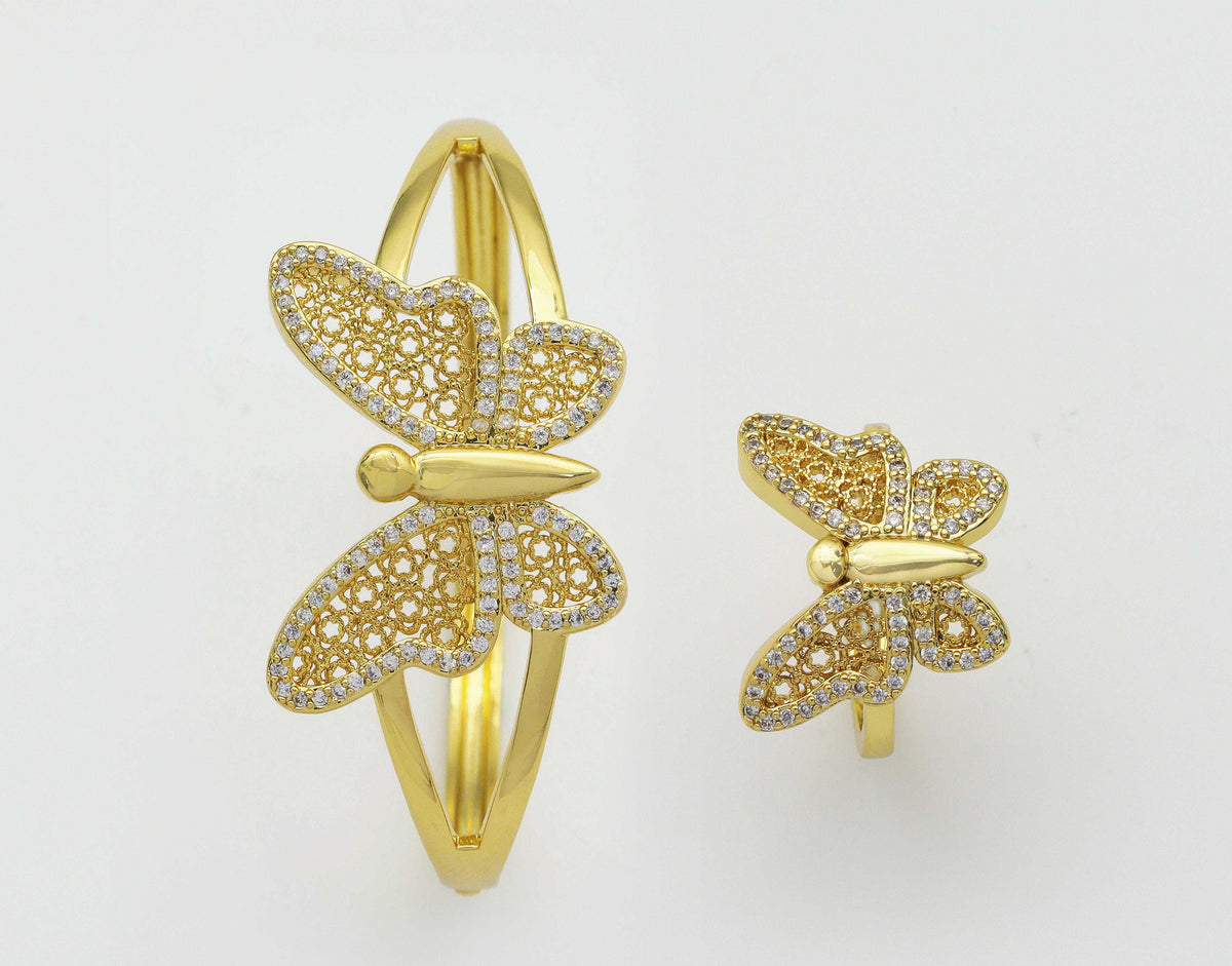 CZ Butterfly Adjustable Bracelet and Rings, Sku#X321