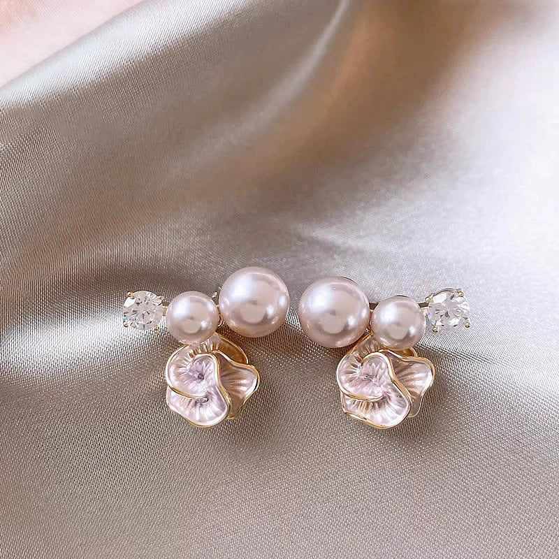 Elegant Pearl Flower CZ Stud Earrings For Women, Dainty Rose Gold Plated Enamel Flower Pearl Earrings, Luxury Minimalist Bridal Wedding Jewelry Gift