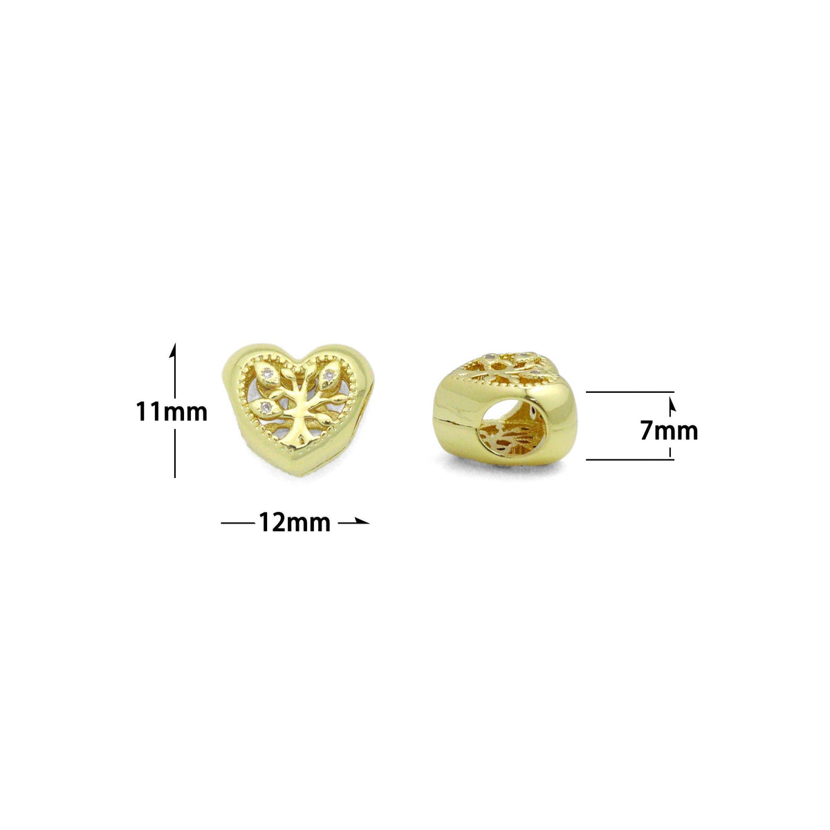 CZ Gold Hollow Out Tree On Heart Big hole Spacer Bead, Sku#LK1186