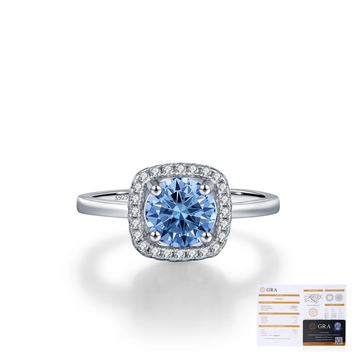 Klein Blue D-Color VVS1 Moissanite Halo Engagement Ring in Sterling Silver – Geometric Retro Style
