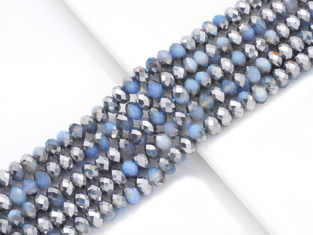 Natural Half Silver Plated Blue Banded Agate Rondelle Faceted Beads, Sku#UA291