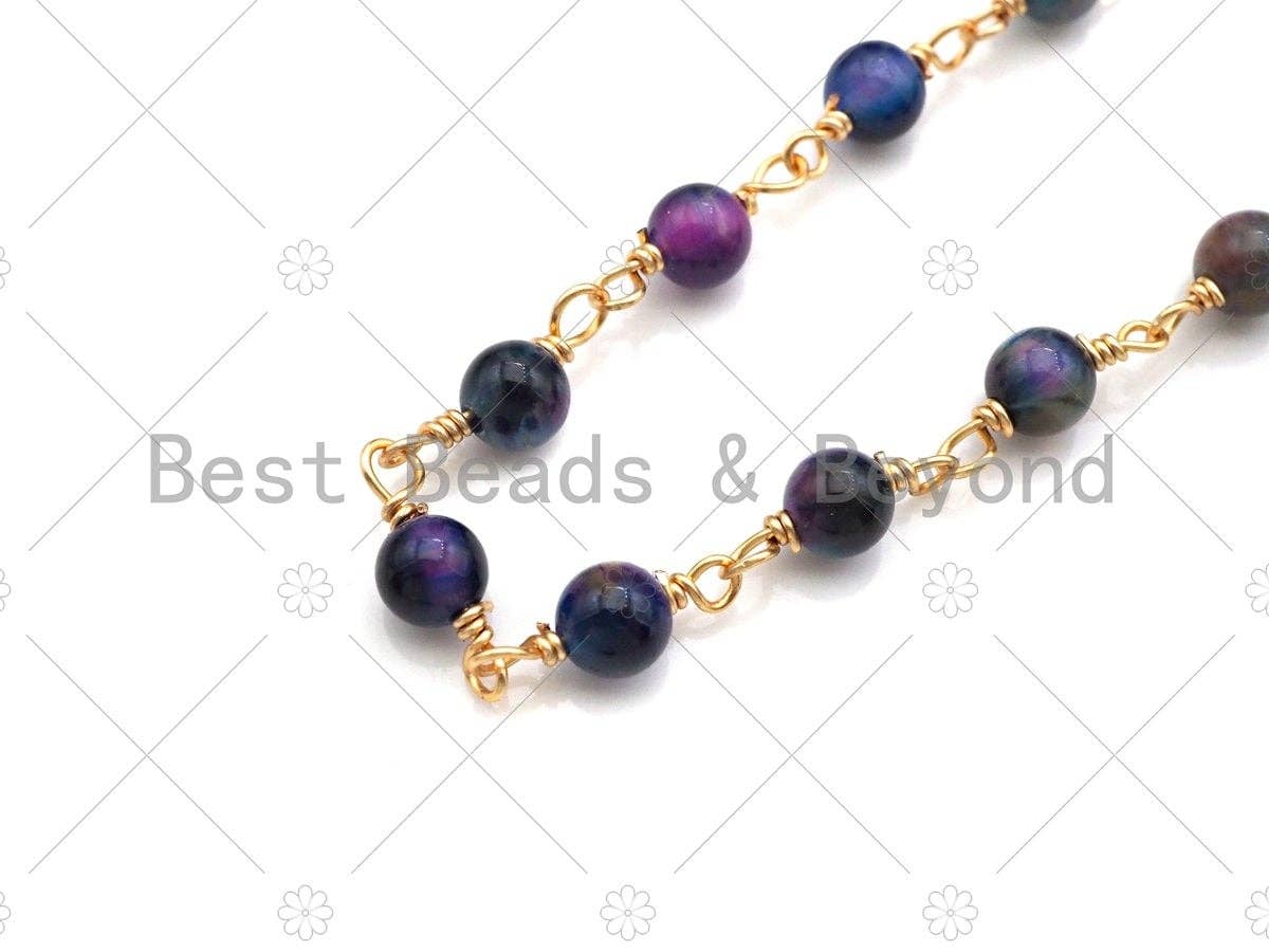 Galaxy/Fuchsia/Blue High Quality Tiger Eye Rosary Chain, 4mm Beaded Chain, Wire Wrapped Gold Chain,Sku#V75