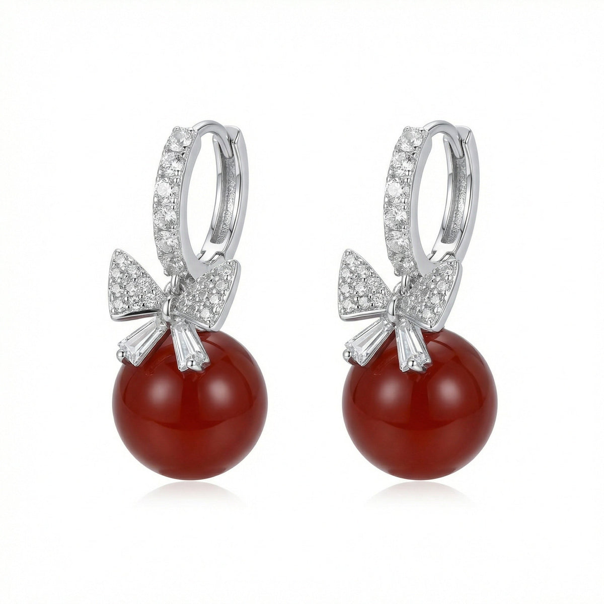 925 Sterling Silver Elegant Red Agate and Sparkling Crystal Bowknot Drop Hoop Earrings