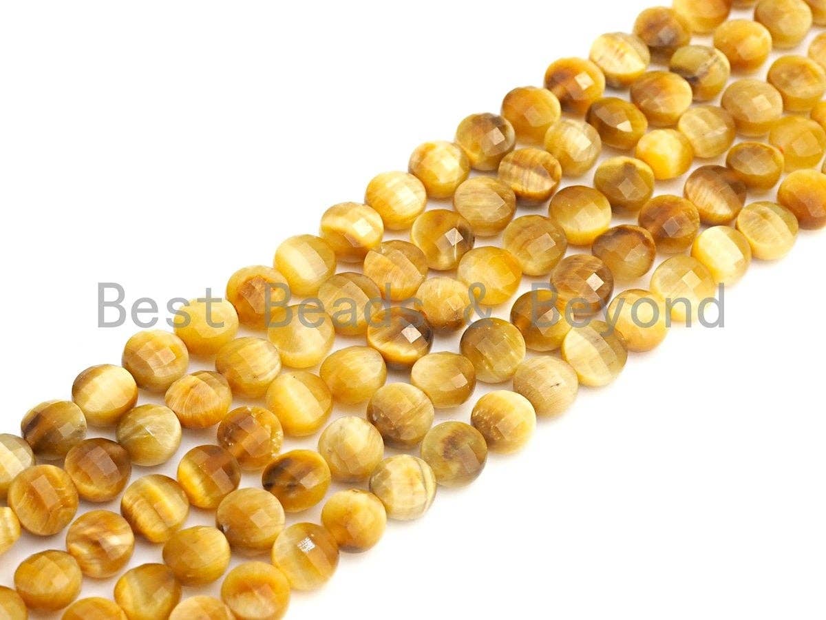 High Quality Gold Tiger Eye Checkerboard Cut Coin Shape beads, 6mm/8mm/10mm Turtle Shell Cut Tiger Eye Beads, 16" Full strand, Sku#U692