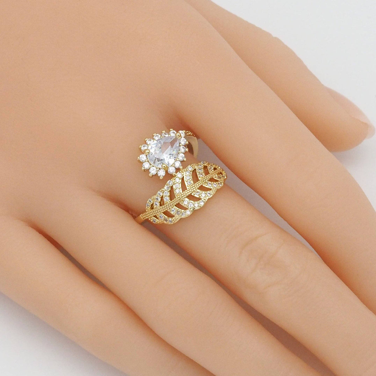 Gold Teardrop CZ Leaf Adjustable Ring, Sku#LD437