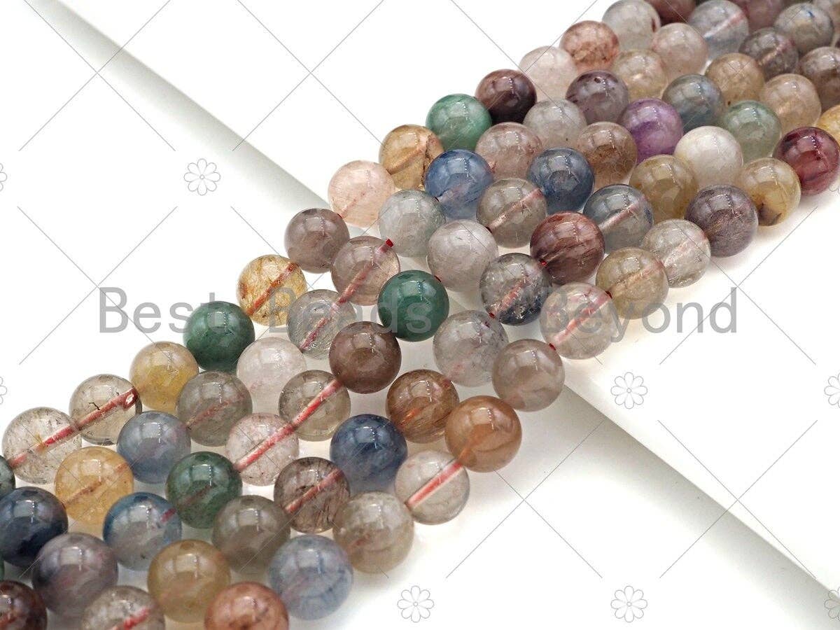 Quality Natural Multicolor Rutilated Quartz Smooth Round Beads, 6mm/8mm/10mm Genuine, Red Yellow Blue Matrix,15.5'' Full Strand, Sku#U1155