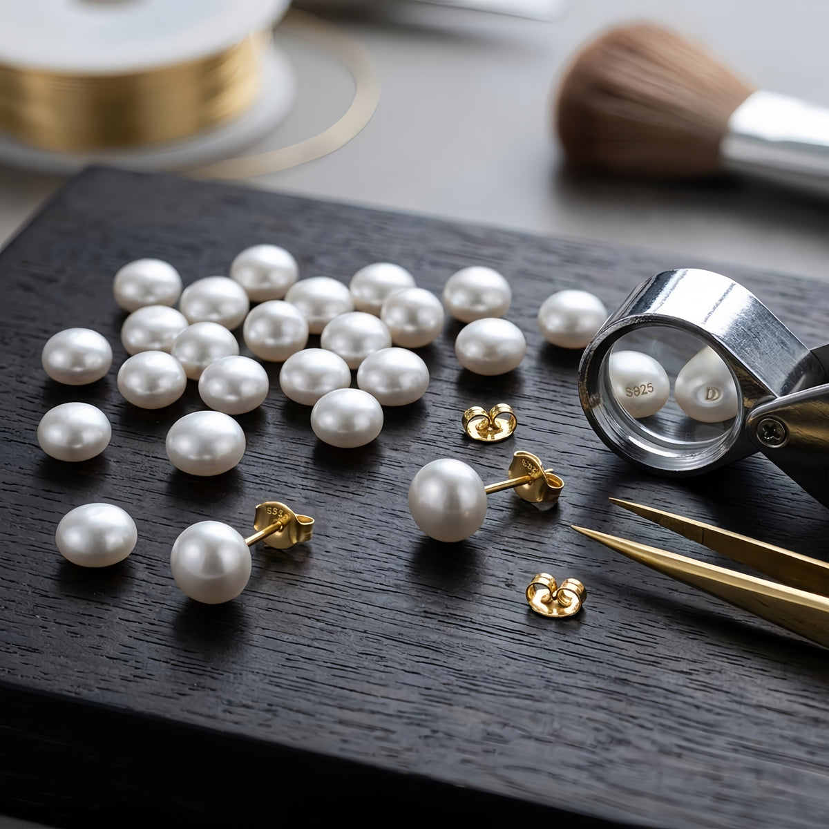925 Sterling Silver Elegant White Pearl Stud Earrings Featuring S925 Sterling Silver Backings