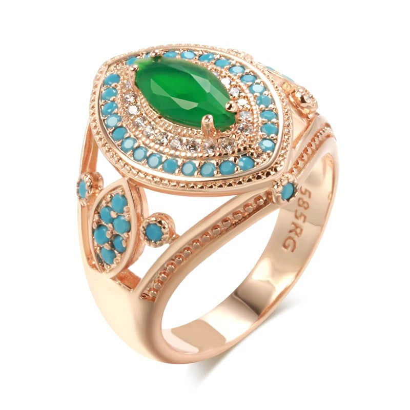 Emerald-Zircon Vintage Earrings And Ring Jewelry Set