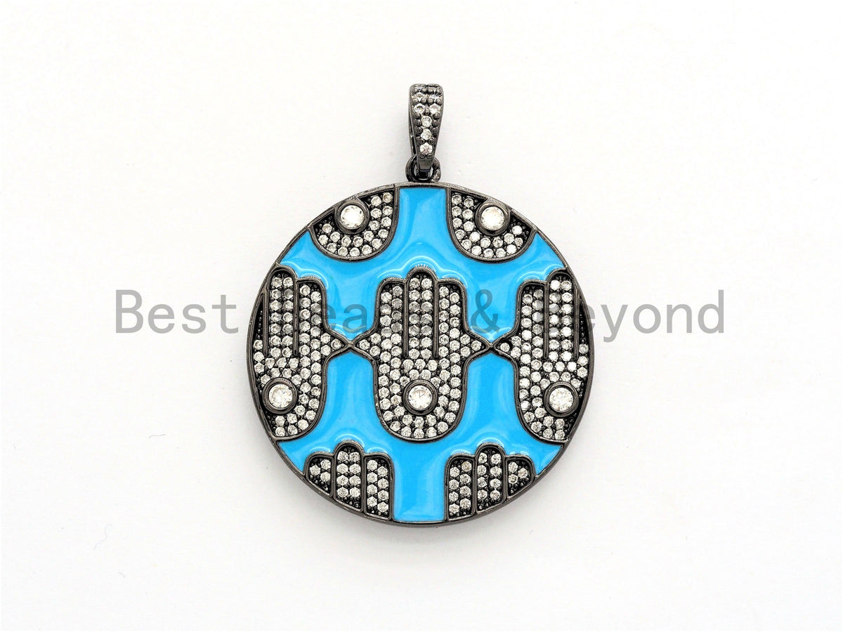LARGE Enamel Colorful Round With Hamsa Hand Pendant,CZ Micro Pave Oil Drop Round pendant,Enamel pendant,Enamel Jewelry,34x38mm,sku#F592