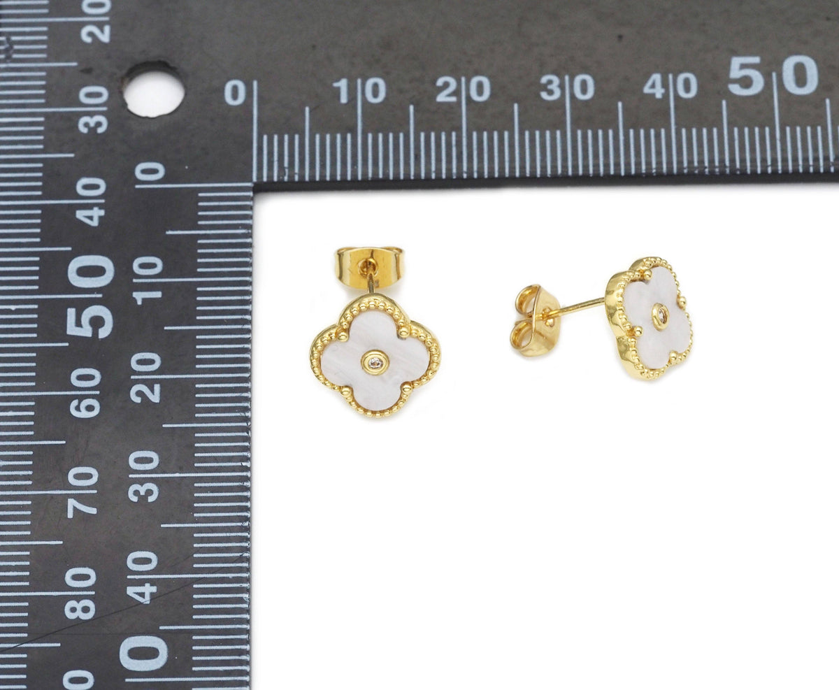 White Mother of Pearl Clover Stud Earrings and Necklace set, Sku#FH207