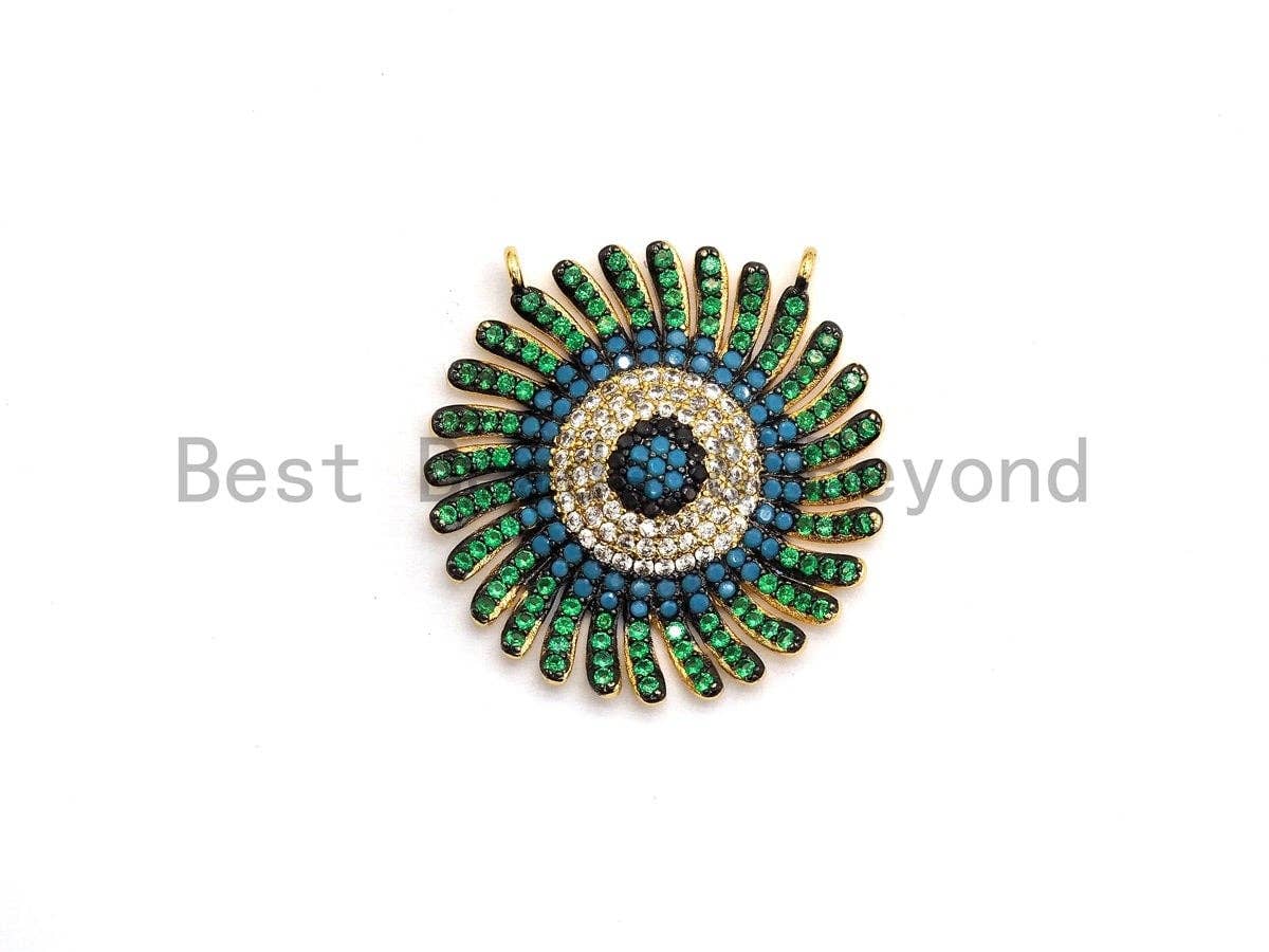 CZ Micro Pave Cobalt/Fuchsia/Green Sunflower Pendant, CZ Pave Focal Pendant, Gumental plated,28mm, sku#F653