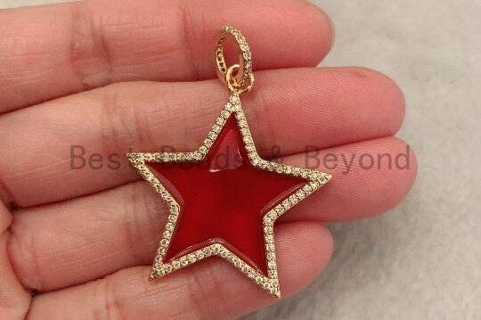 32mm Red Enamel Five Point Star Pendant/Charm, Enamel CZ Pave Star Charm, Gold/Rose Gold/Silver/Black Plated, sku#F580SC