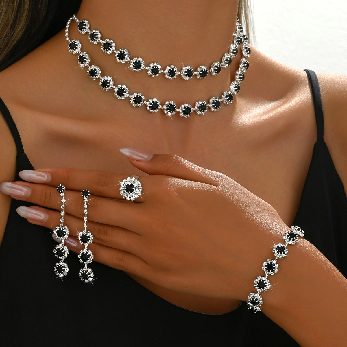 2026 Hot Cross-border Wedding Accessories Double-layer Sunflower Diamond Necklace Earrings Bracelet Ring Four-piece Set