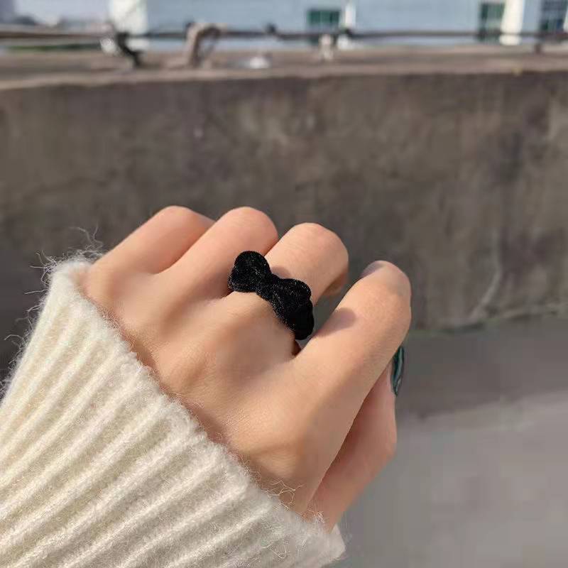 Vintage Burgundy Flocked Bow Open Ring, Sweet Girl Aesthetic Niche Design Adjustable Finger Ring