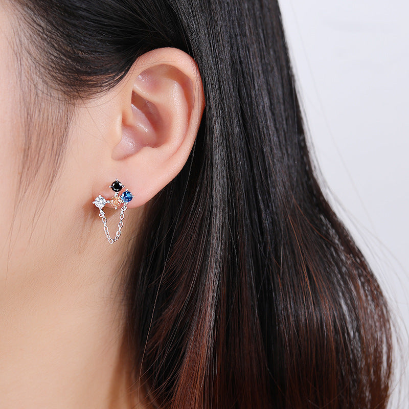 S925 Silver Asymmetric Multicolor Zircon Tassel Drop Earrings, Women Unique Versatile Dangle Jewelry