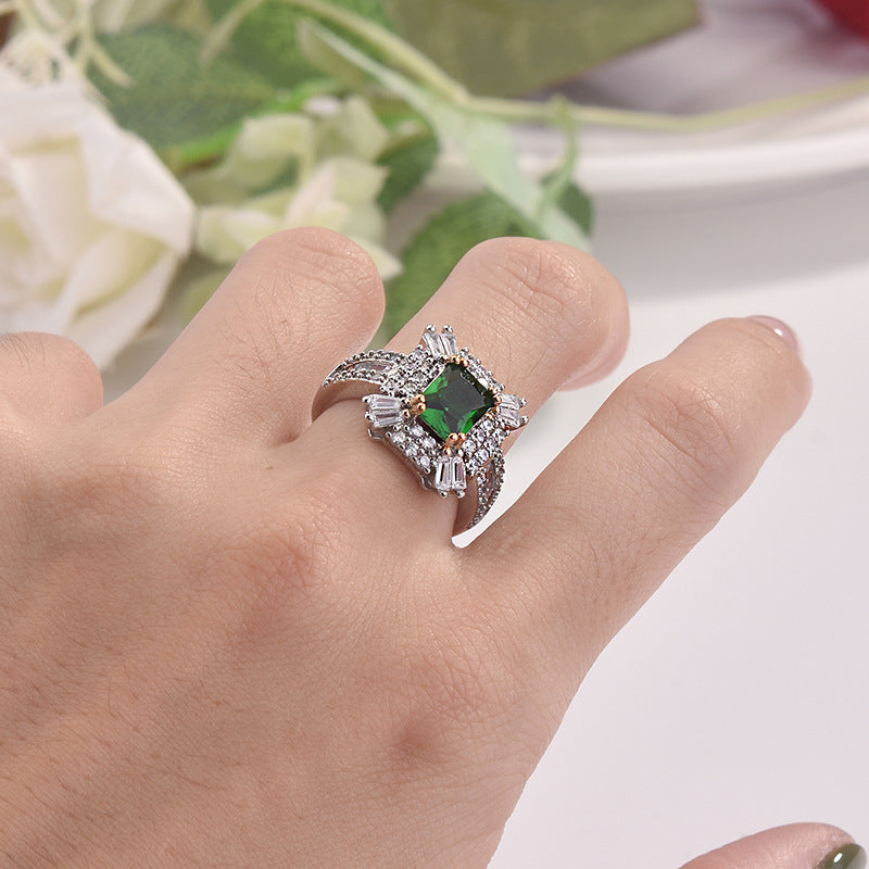 Square Princess Ring With Simulated Emerald Zircon, Micro Pave Full Stone Engagement Band