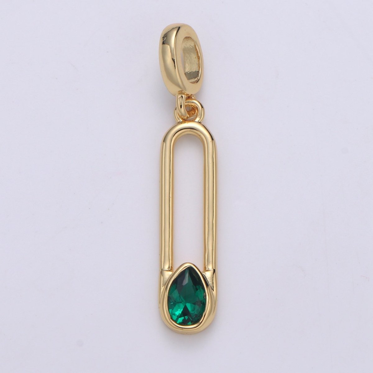 OS Emerald 24K Gold Filled Safety Pin Pendant, Teardrop Emerald Charm for Bracelet Earring Necklace H-237