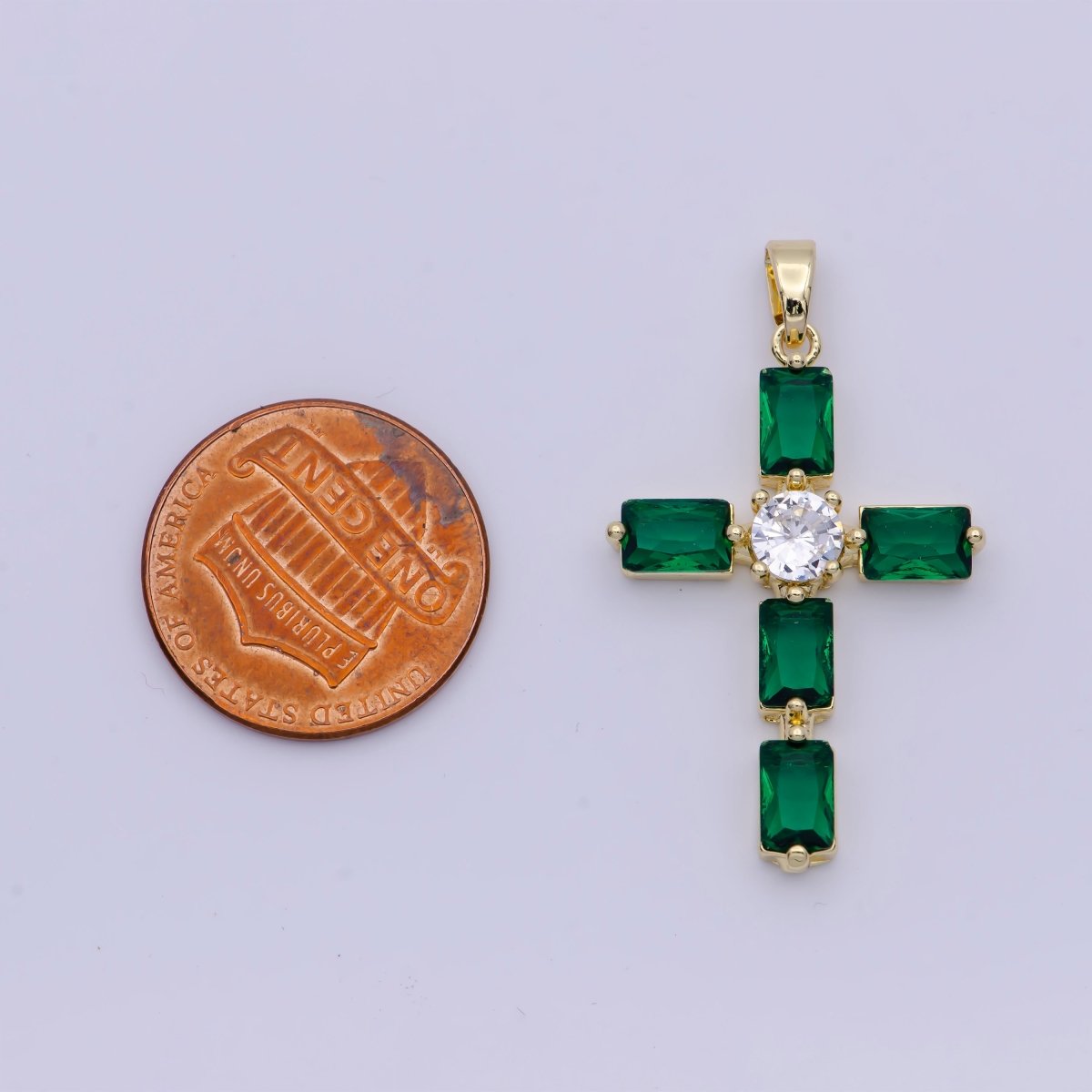 Emerald Green Baguette Cubic Zirconia Religious Cross Gold Necklace | X-503