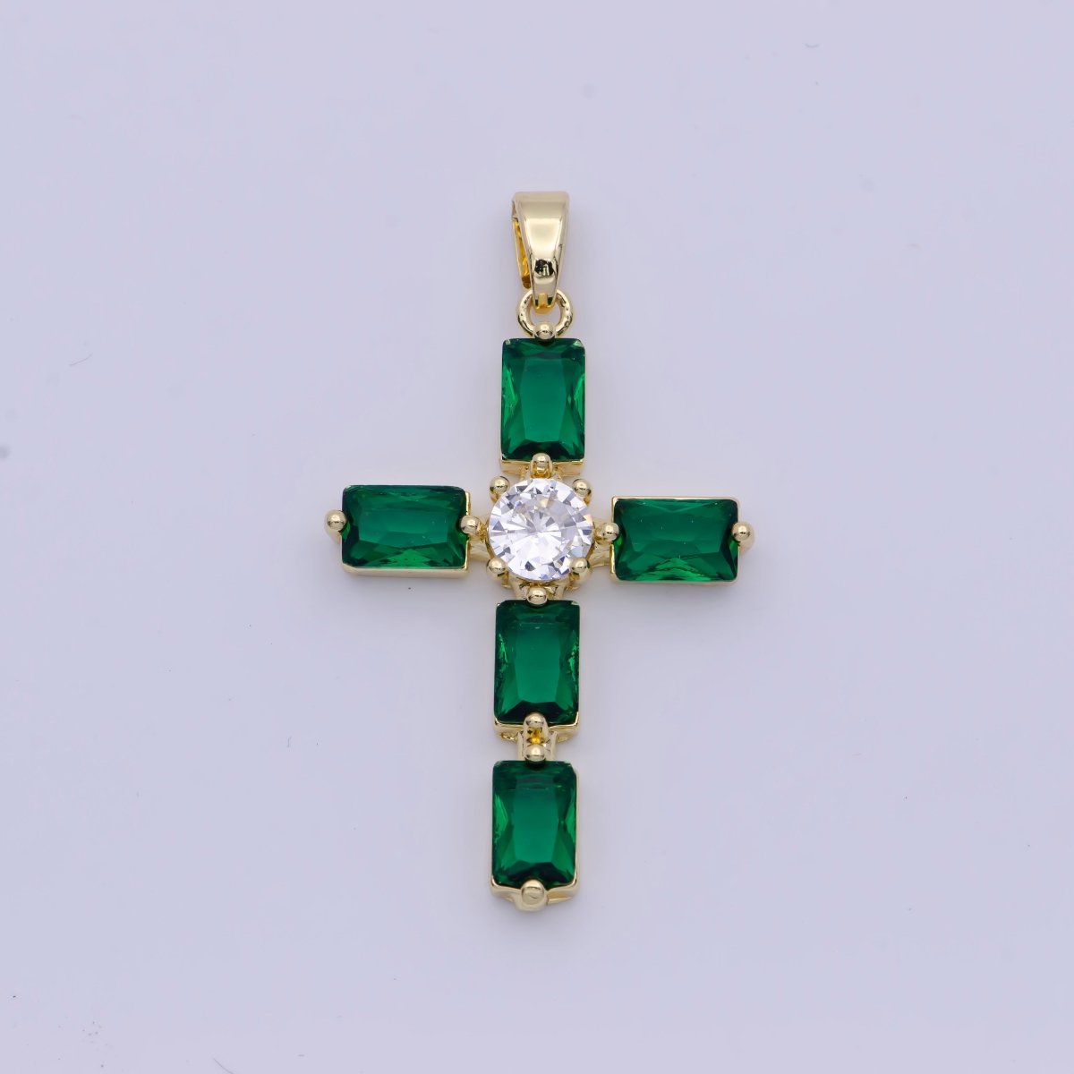 Emerald Green Baguette Cubic Zirconia Religious Cross Gold Necklace | X-503