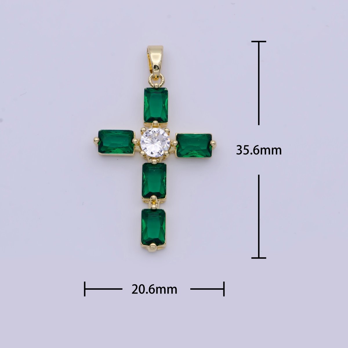 Emerald Green Baguette Cubic Zirconia Religious Cross Gold Necklace | X-503