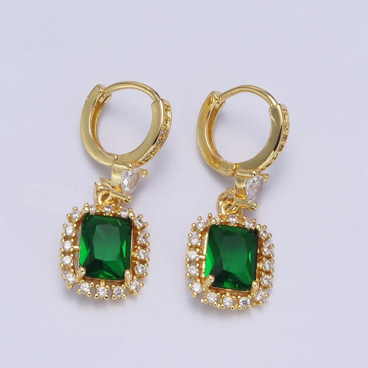 Emerald Green Baguette Dangle Drop Clear Heart Micro Paved CZ Gold Huggie Earrings | AB009