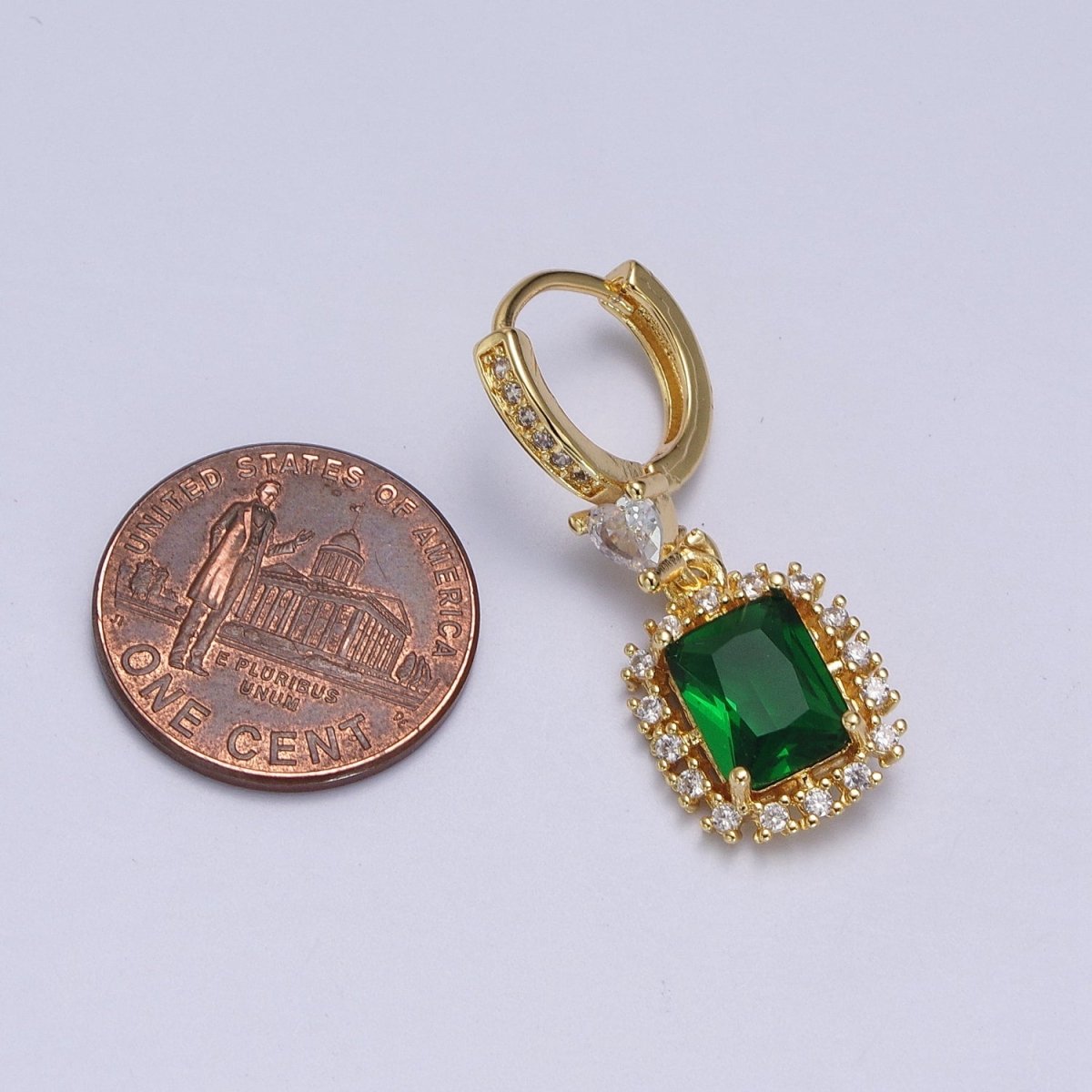 Emerald Green Baguette Dangle Drop Clear Heart Micro Paved CZ Gold Huggie Earrings | AB009