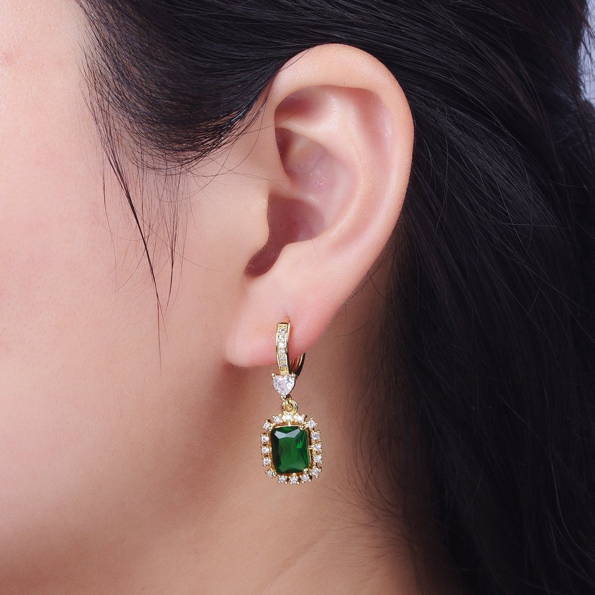 Emerald Green Baguette Dangle Drop Clear Heart Micro Paved CZ Gold Huggie Earrings | AB009