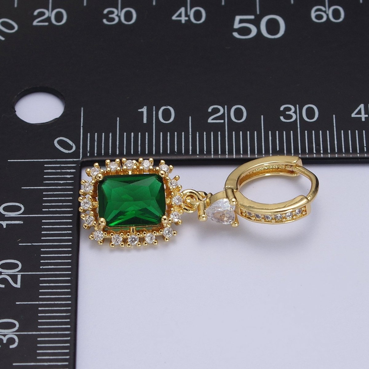 Emerald Green Baguette Dangle Drop Clear Heart Micro Paved CZ Gold Huggie Earrings | AB009