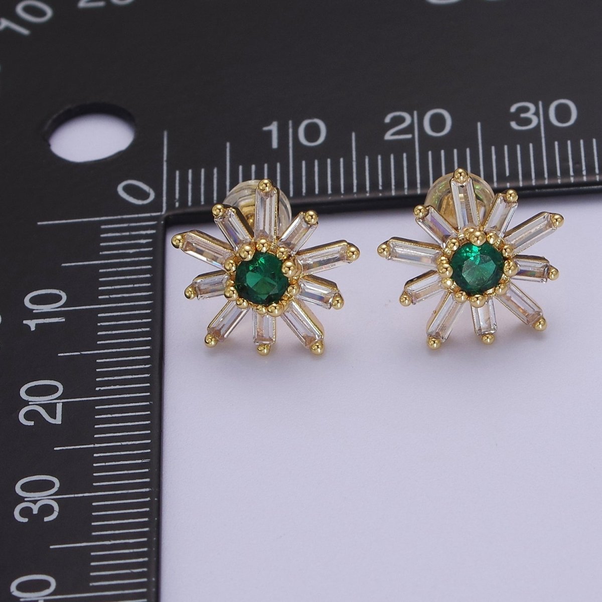 Emerald Green Cz Stud Earring SunBurst Sun Clear Baguette Stud | V-100