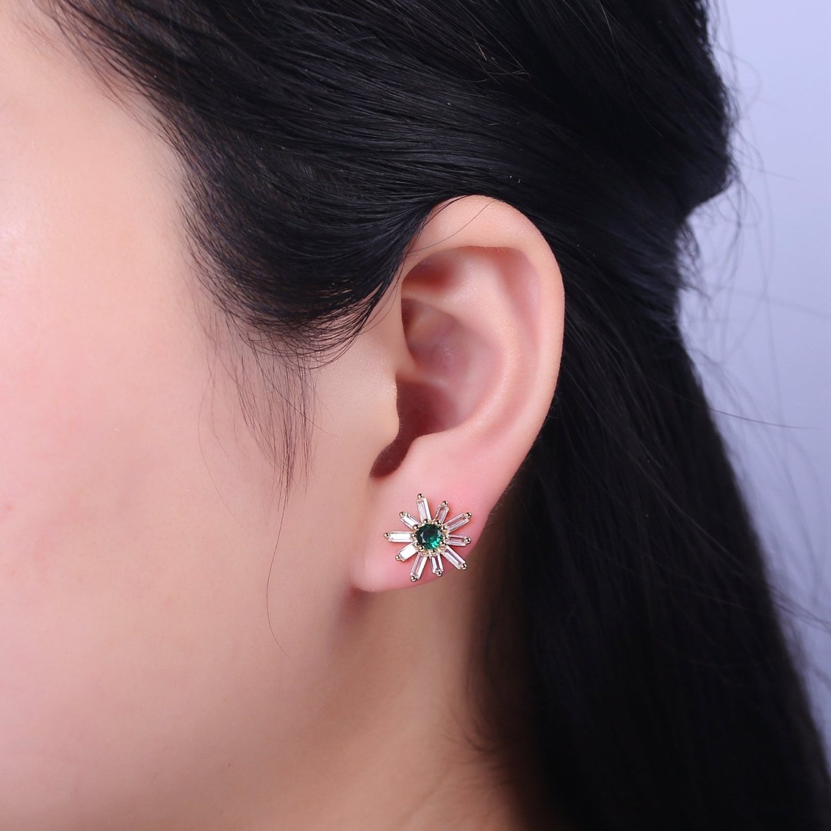 Emerald Green Cz Stud Earring SunBurst Sun Clear Baguette Stud | V-100