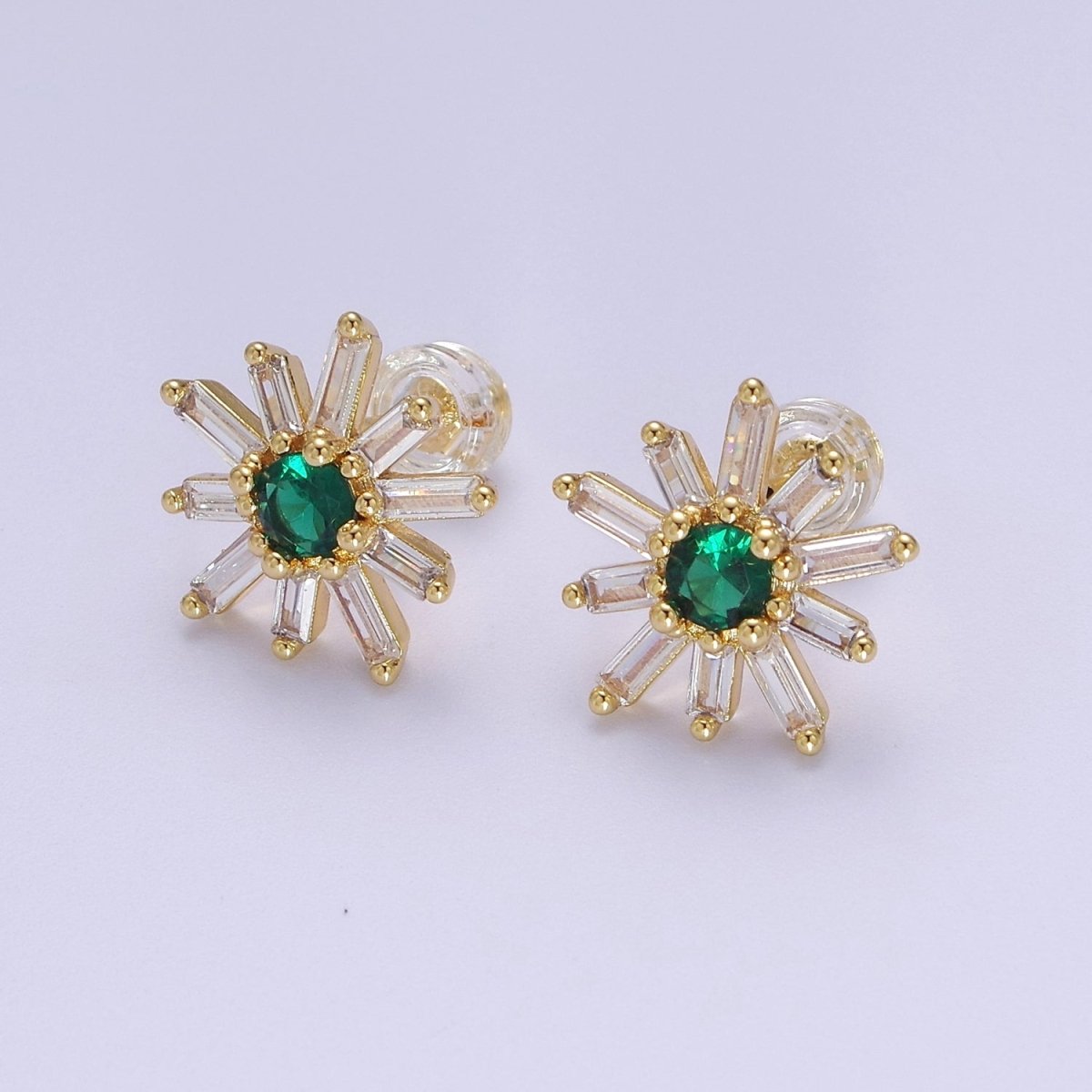Emerald Green Cz Stud Earring SunBurst Sun Clear Baguette Stud | V-100