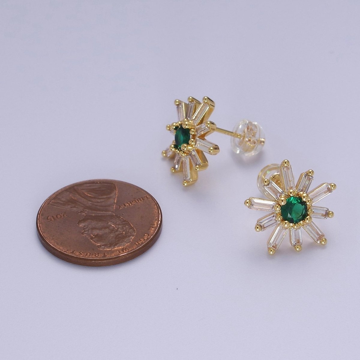 Emerald Green Cz Stud Earring SunBurst Sun Clear Baguette Stud | V-100