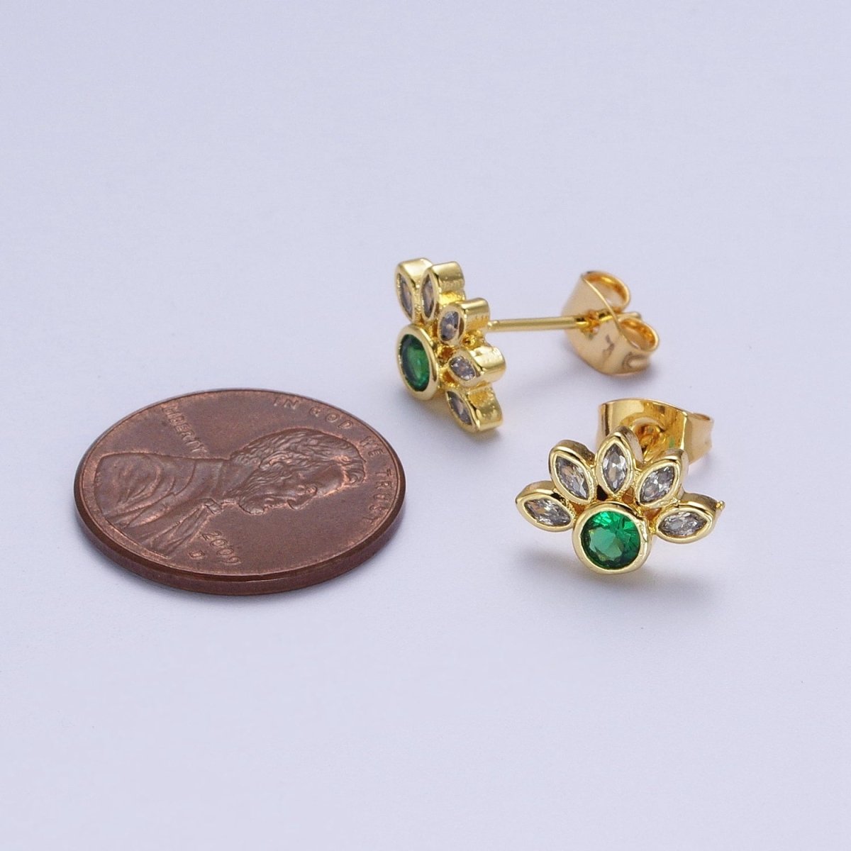 Emerald Green Cz Stud Earrings Gold Marquise Cluster Flower Stud AD-082