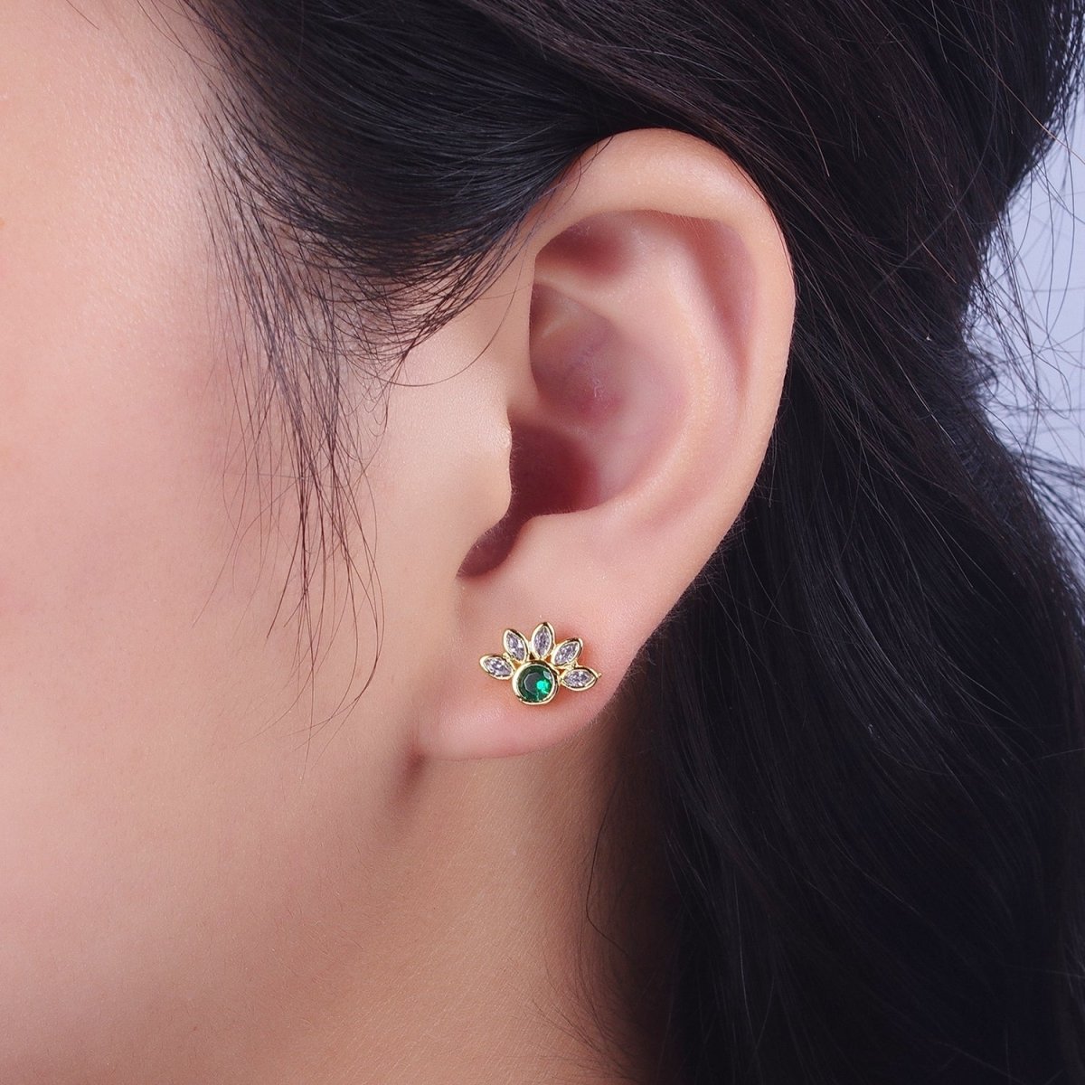 Emerald Green Cz Stud Earrings Gold Marquise Cluster Flower Stud AD-082