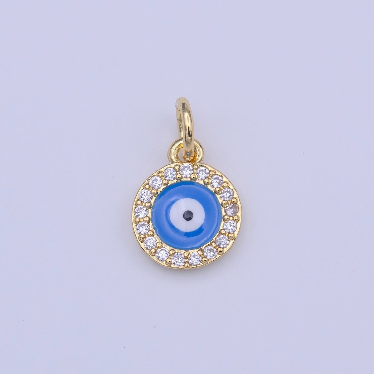 Evil Eye Blue Enamel Protection Micro Paved CZ Round Gold Charm | C-415