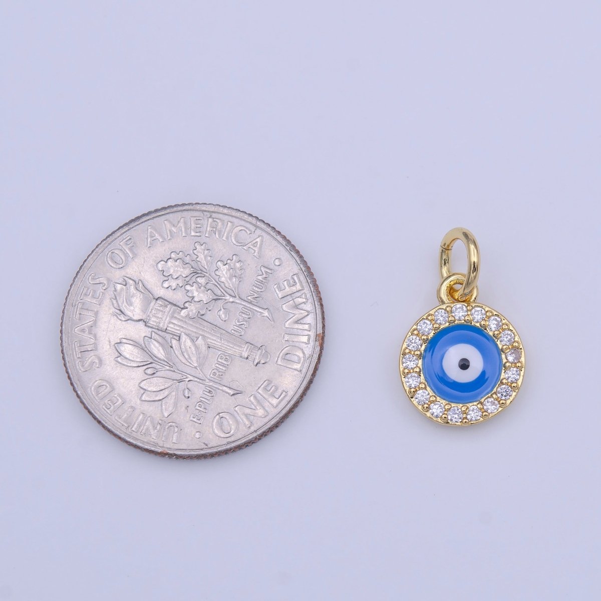 Evil Eye Blue Enamel Protection Micro Paved CZ Round Gold Charm | C-415
