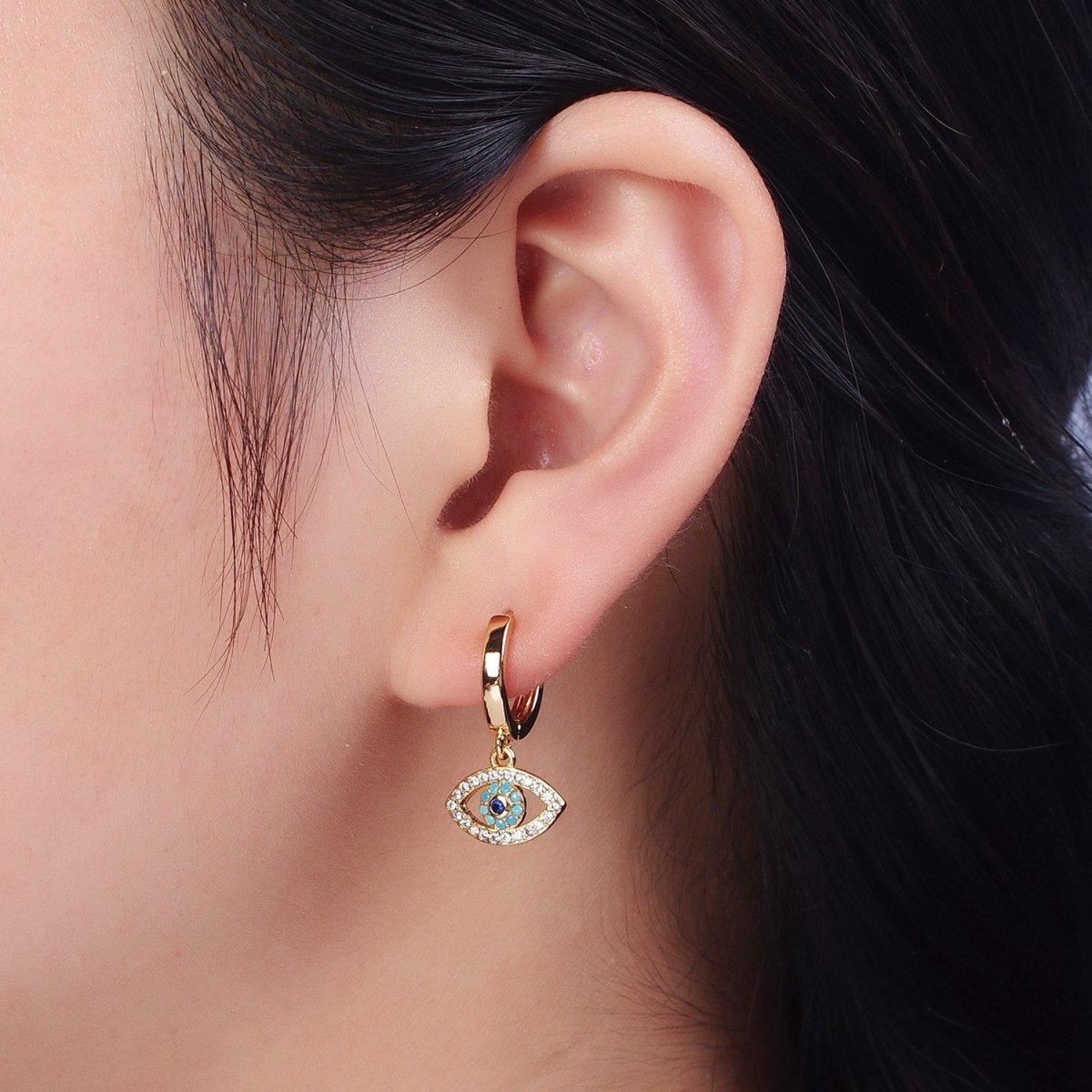 Evil Eye Charm Hoop Earrings Gold | Small Gold Hoops Huggie Earrings 16K Gold Filled Earring AD-066