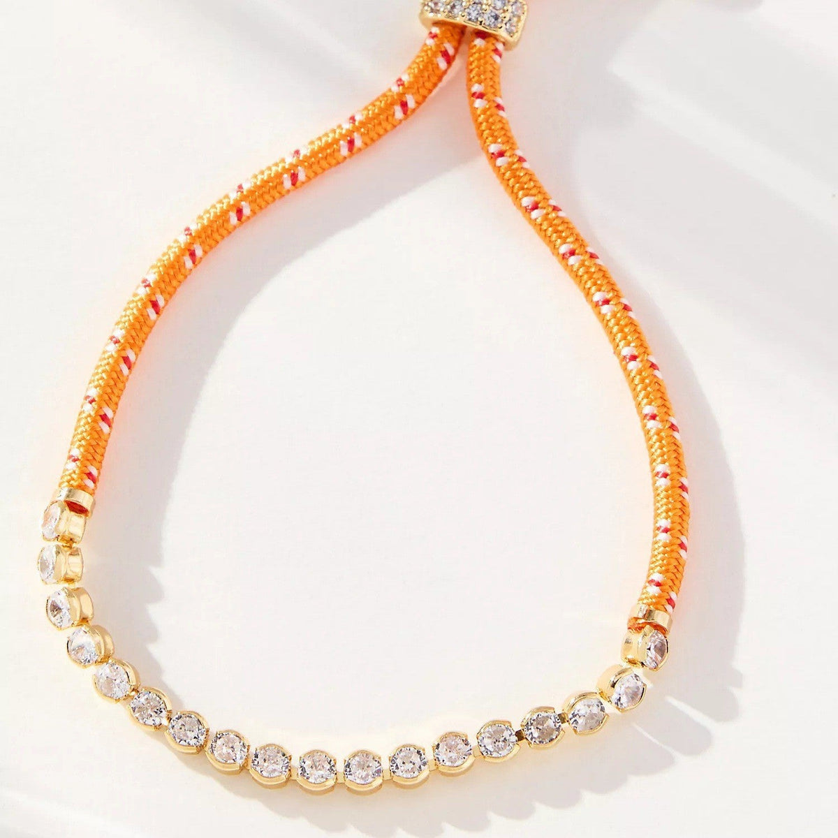 Off-white Brown-striped Woven Necklace With Diamond-encrusted Gold Chain