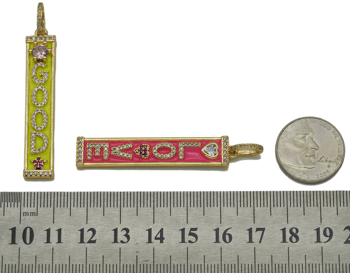CZ Enamel Good Kiss Love Words On Long Bar Charm, Sku#LK651