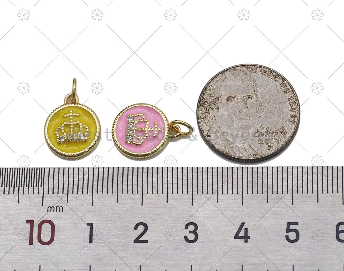CZ Micro Pave Crown On Colorful Enamel Round Coin Shape Pendant, 18K Gold Filled Crownl Charm, Necklace Bracelet Charm Pendant, Sku#JD20