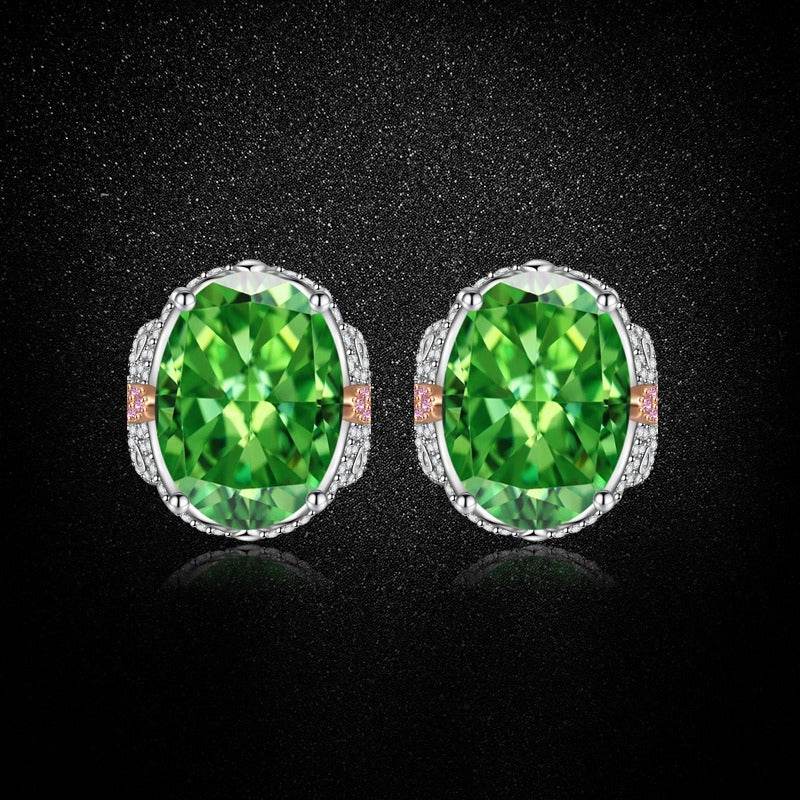 Multicolor Ice Flower Cut Oval CZ Stud Earrings, Blue & Green 7*9mm 8A Cubic Zirconia, S925 Silver Needle, Two-Tone Pave CZ Halo, Dainty Luxe