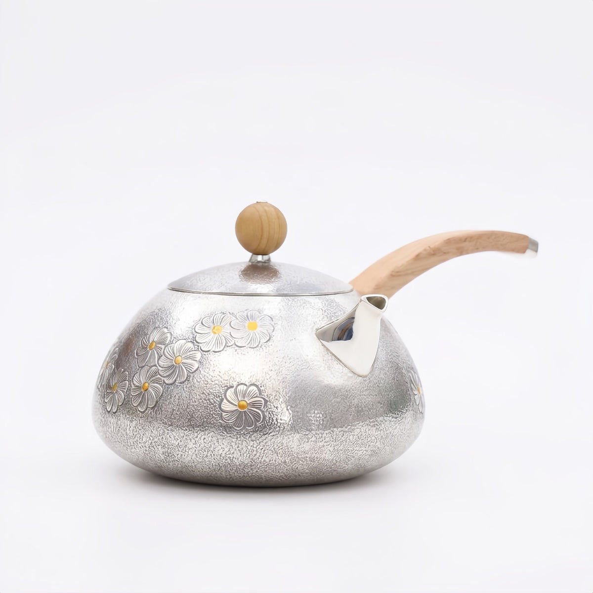 Pure 999 Fine Silver Hand-Hammered Silver Teapot with Delicate Floral Engravings and Sandalwood Handle - Handicraft